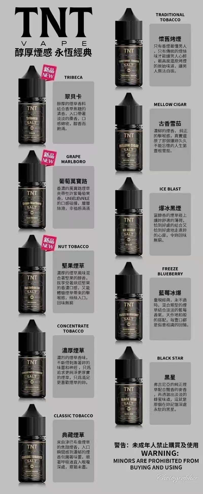 【11種口味】TNT電子煙小菸煙油 經典菸草系列 30ml/瓶裝